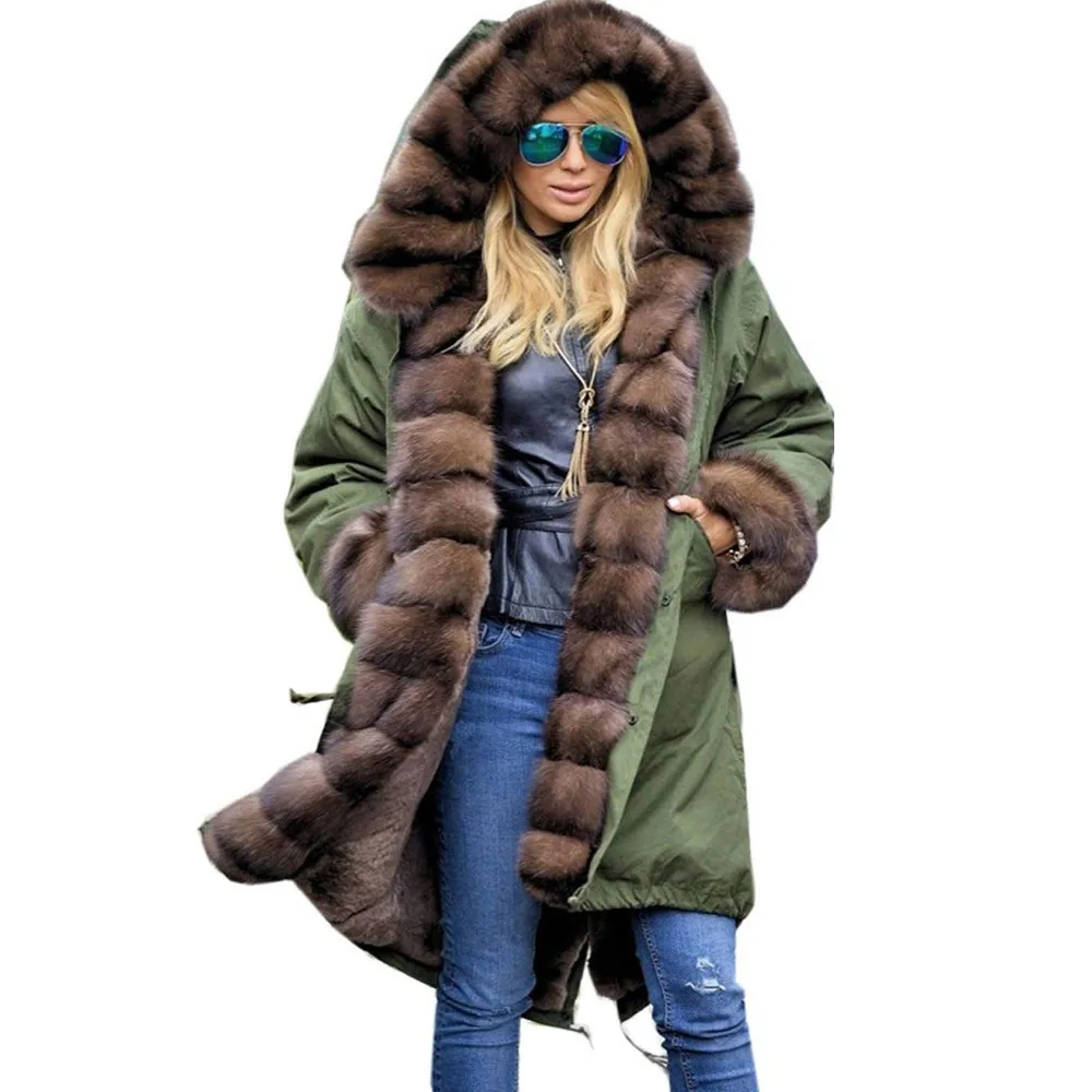 Army Green Newly Womens Faux Fur Winter Jacket Parka Hooded Coat Fishtail Overcoat Oversize Long Sleeves Coats Dropship Nov.2 - Цвет: Army Green