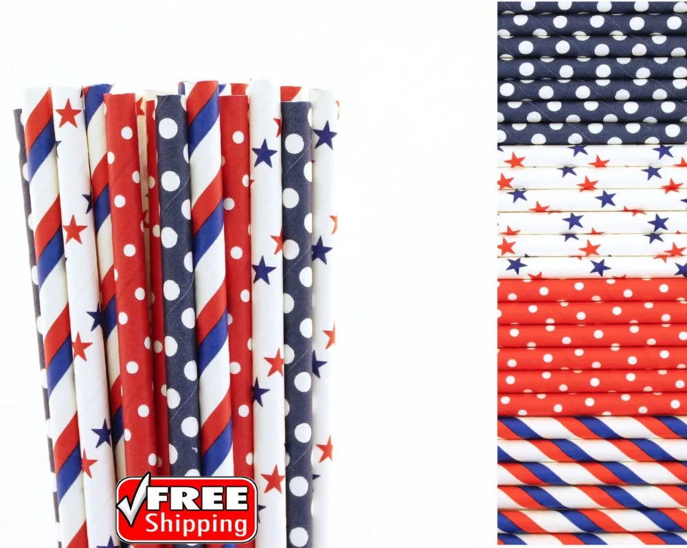 

200pcs Mixed 4 Designs Blue and Red Themed Paper Straws-Striped,Dot and Star 4th of July Patriotic BBQ Party,Colored Bulk Cheap