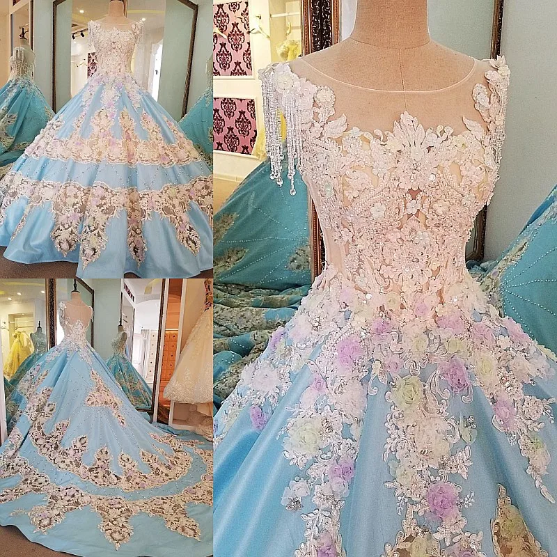 Gorgeous Appliques Chapel Train Arabic Blue Satin Wedding Dress Vestido Beaded Crystal Scoop Neck 2017 Bridal Gown Real Photos | Свадьбы и