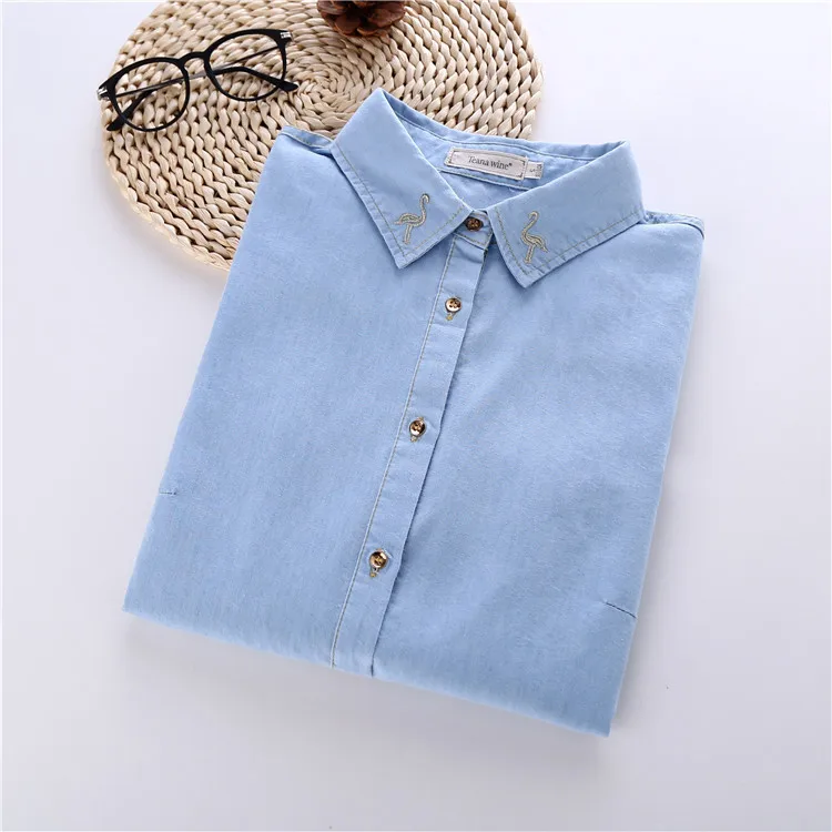 High Quality Swan Embroidered Ladies Denim Shirt Women Blouse