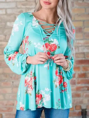 Модная женская Свободная блузка с цветочным принтом на шнуровке осень 2017