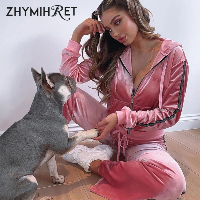 ZHYMIHRET Осенняя бархатная толстовка с капюшоном и длинные штаны комплект из двух
