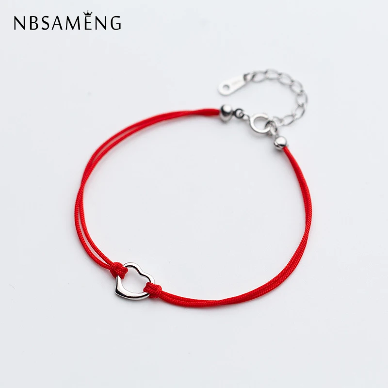 NBSAMENG 100% Серебро 925 пробы полое серце любви красная веревка цепь браслет для