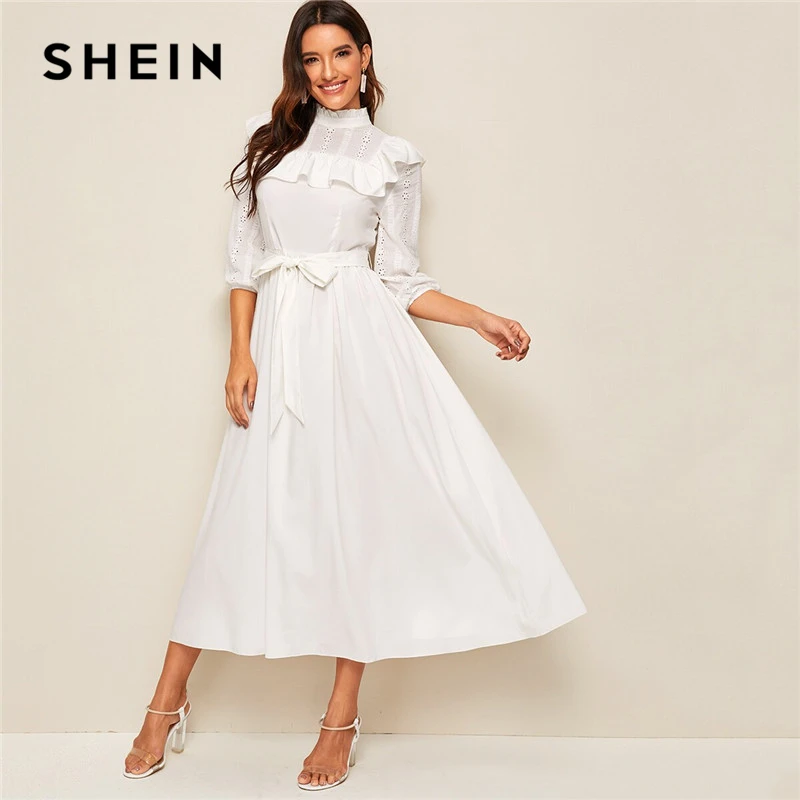 SHEIN женское платье с декоративной оборкой и поясом, весенне-осеннее длинное платье, приталенное и расклешенное ТРАПЕЦИЕВИДНОЕ элегантное платье в стиле ампир