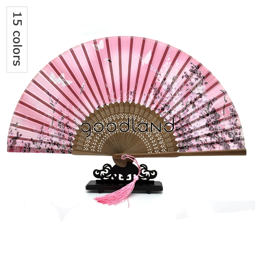 

Free Shipping Wholesale 50pcs/lot Butterfly Flower Print Fan Silk Wedding Hand Fans Tassel Gift Wedding Gifts for Guests
