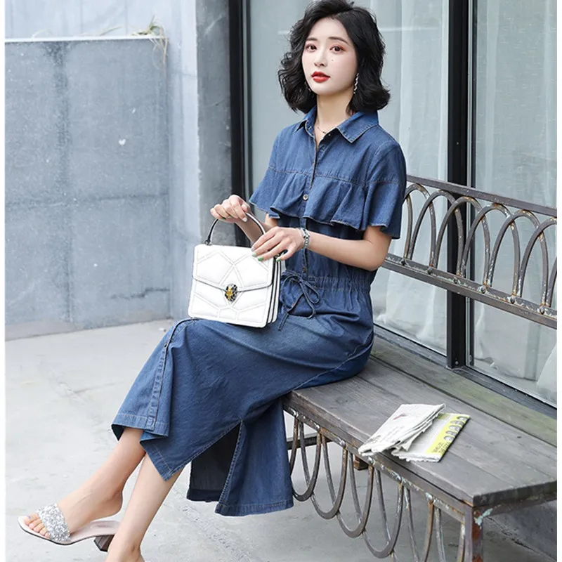 

UHYTGF Women maxi dresses Casual summer jeans dress Single-breasted slim Female dresses Ruffle bandage elegant denim dress 610