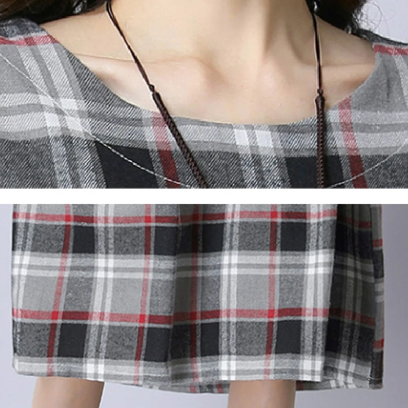Streetwear Plaid Women Dress 2018 Autumn Fashion Loose Casual O Neck Long Sleeve High Elastic Waist Midi | Женская одежда
