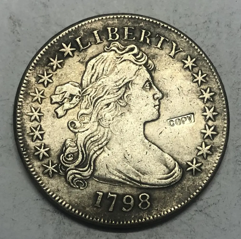 

1798 Draped Bust Dollar (15 stars on the Obverse EAGLE AND SHIELD on the Reverse) Silver Plated Coin Exact Copy