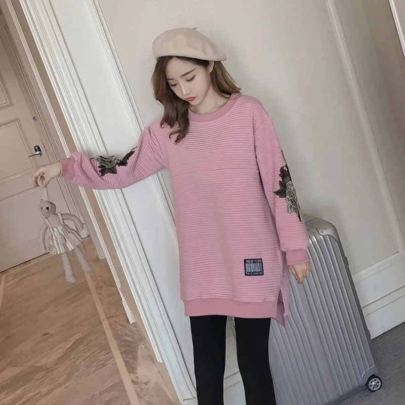 Осенне весенние платья для беременных женщин с вышивкой и длинными рукавами