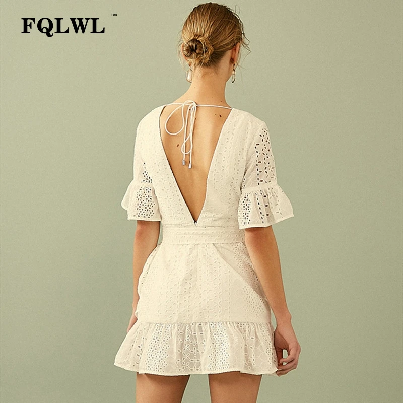 Женское летнее платье с оборками FQLWL белое Бандажное из хлопка коротким рукавом и