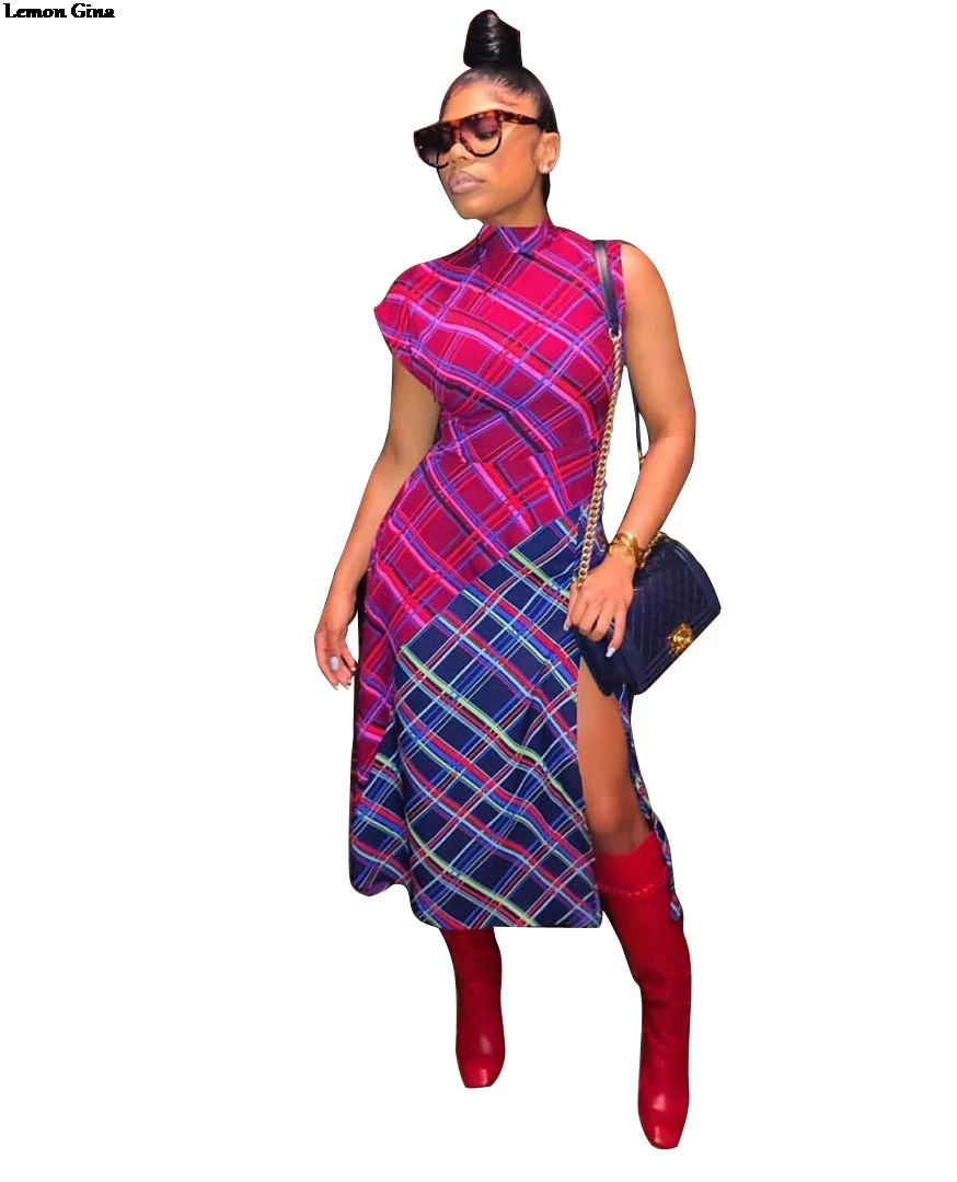 Лимон Gina 2019 новые весенние женские сексуальные плед с разрезом сбоку линии bodycon