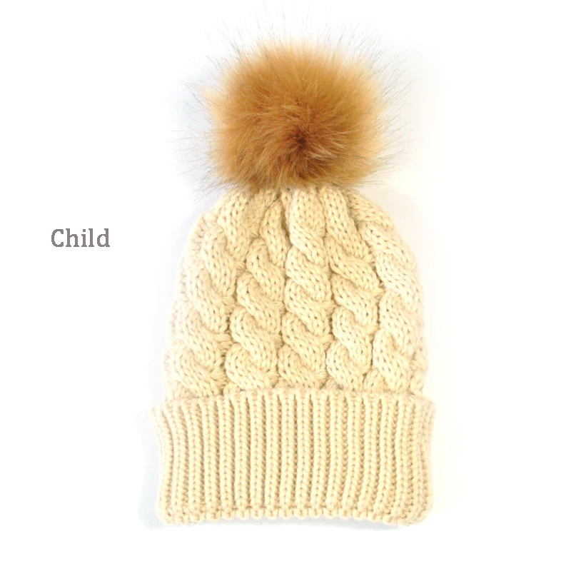 

Mom Baby Fur Pom pom Hats Warm Winter Knit Wool Solid Color Beanie Caps For Women Boys Girls Hats Outdoor Female Caps Z16