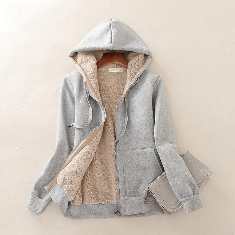 Light grey Осень Зима плюс бархатная Толстовка ягненка женская негабаритная толстовка с капюшоном куртка с длинным рукавом Толстовка с длинным рукавом куртка с капюшоном Q1729 - Цвет: Light grey