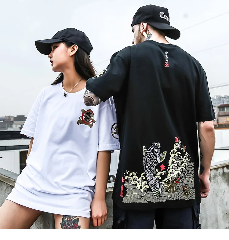 Японская уличная одежда, футболка с вышивкой рыбы, Мужская Harajuku футболка с принтом денег, футболка в стиле хип-хоп, топы, футболки из хлопка с коротким рукавом