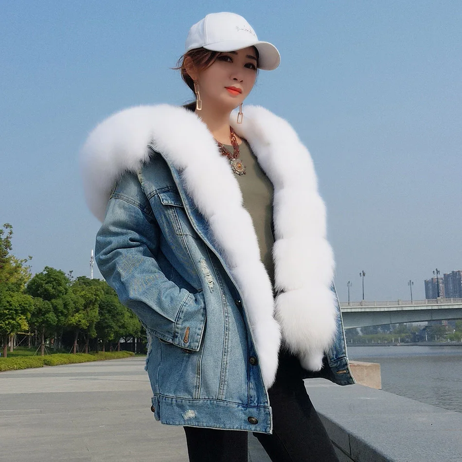 maomaokong Winter Women  Natural fox lined with fox fur collar denim  jacket  parka winter warm FUR coat Women's jacket