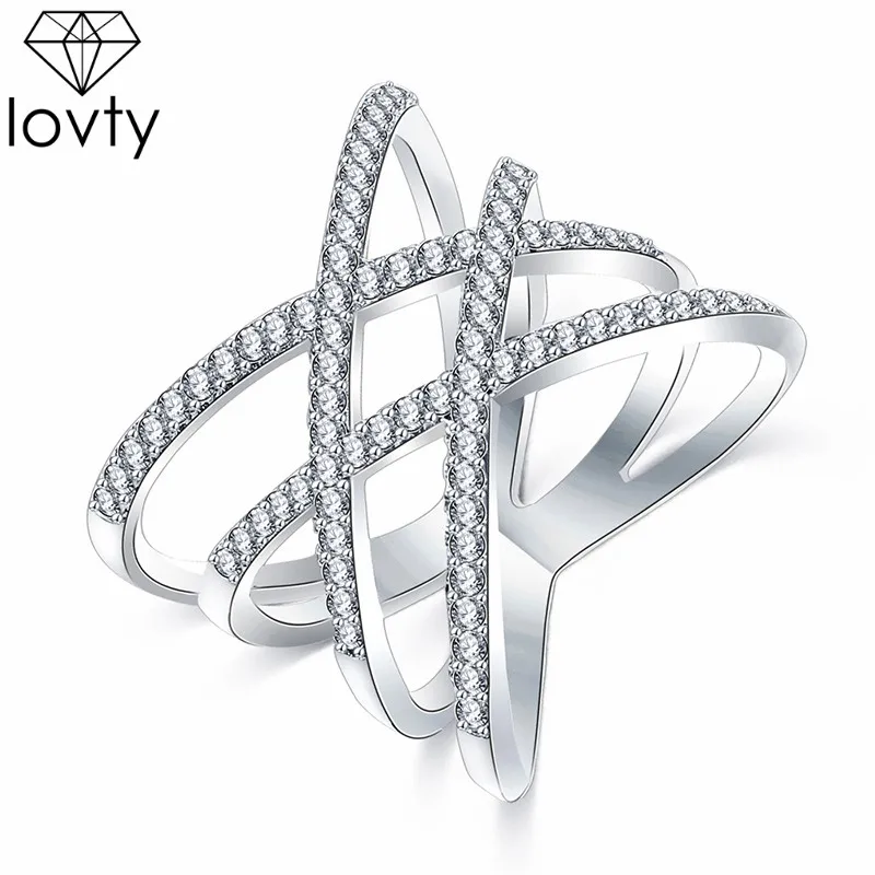 SILVER Lovty новые модные кольца двойной крест X Форма кольцо из розового золота/серебряный цвет циркония кольцо ювелирные изделия для женщин подарок на день Святого Валентина - Цвет основного камня: SILVER