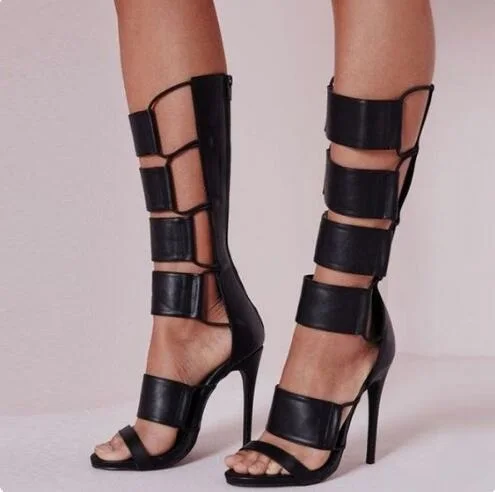 

Sexy Black Leather Women Boots Knee High Peep Toe Cut-out Thin Heels Runway Boots Hollow Buckle Strap Tight High Boots Plus Size
