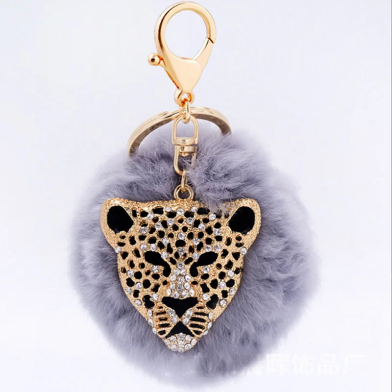 

Fluffy Ball Leopard Keychain Real Rabbit Fur Ball Keychain Excelent Quality For Women Key Ring For Bag EH925