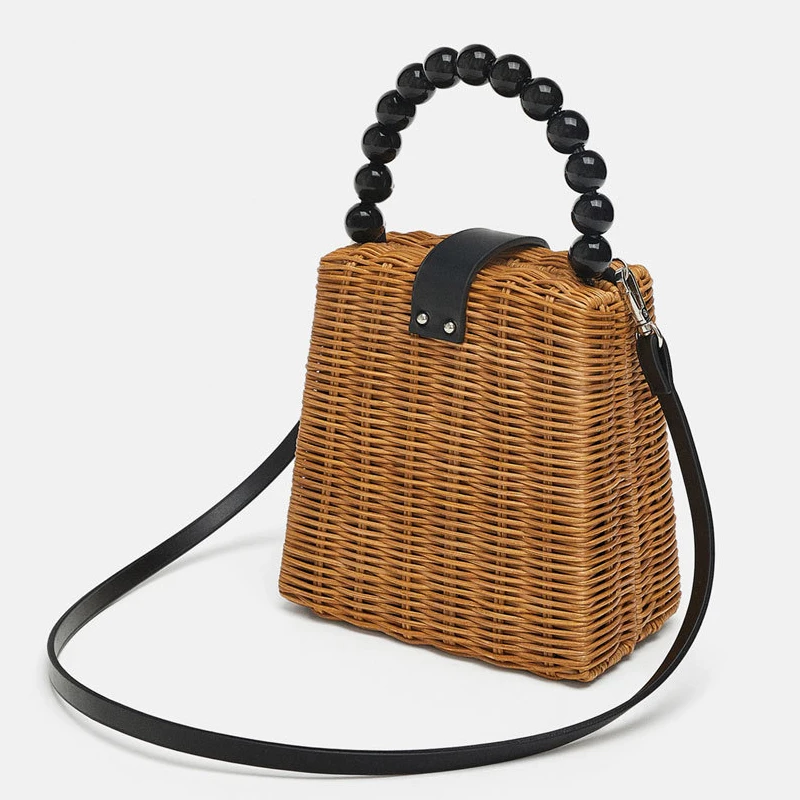 2019 брендовая Плетеная соломенная сумка с бусинами женская сумка-тоут летняя