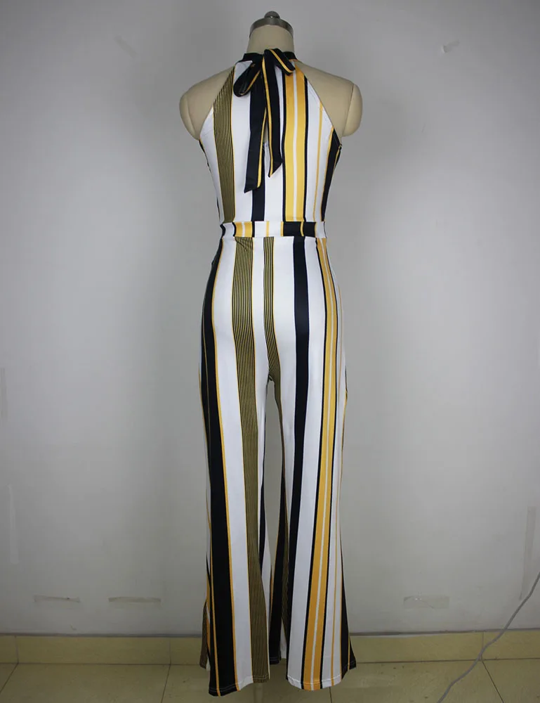 

2019 Striped Wide Leg Jumpsuit Elegant Women High Neck Rompers Print Hot Office Casual Daily Summer Pants ZSC-G037