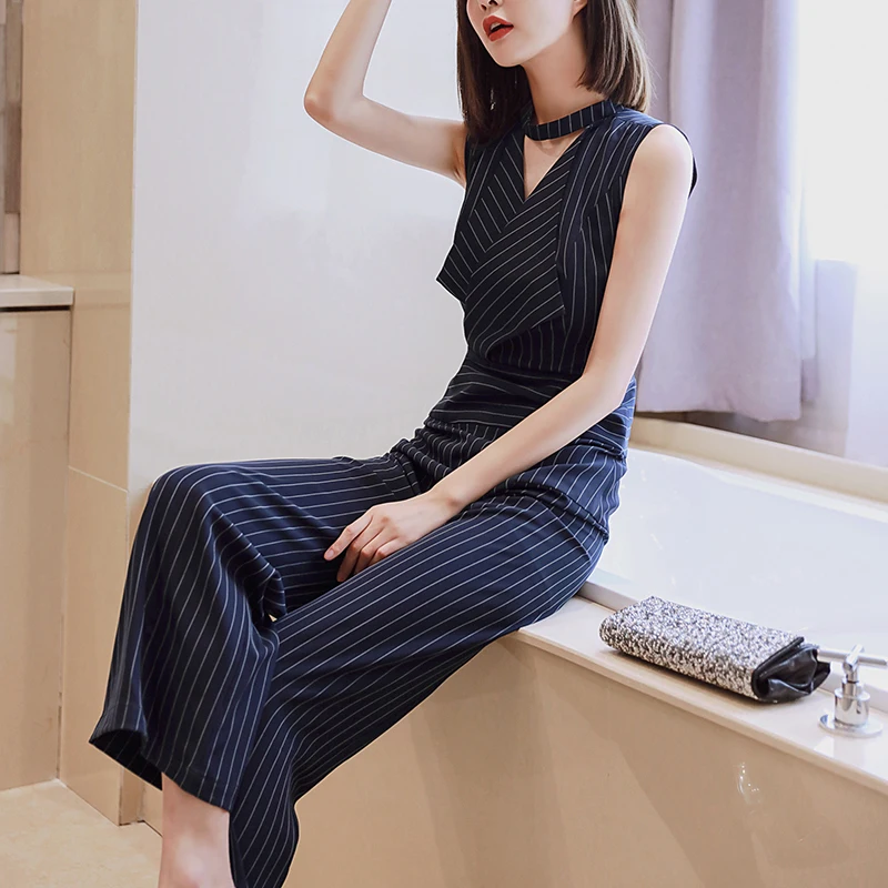 Женский элегантный комбинезон в полоску без рукавов для офиса 2019| |