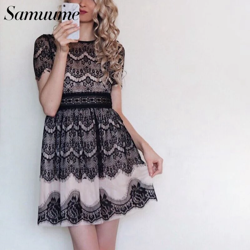 Samume элегантное лоскутное кружевное платье 2018 модное с круглым вырезом коротким
