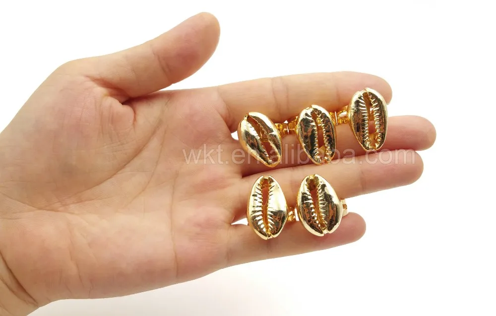 WT-R134 Новые 24 K цвет чистого золота раковина Каури кольца, натуральный настоящий корпус 24 k золото окунутые регулируемые кольца
