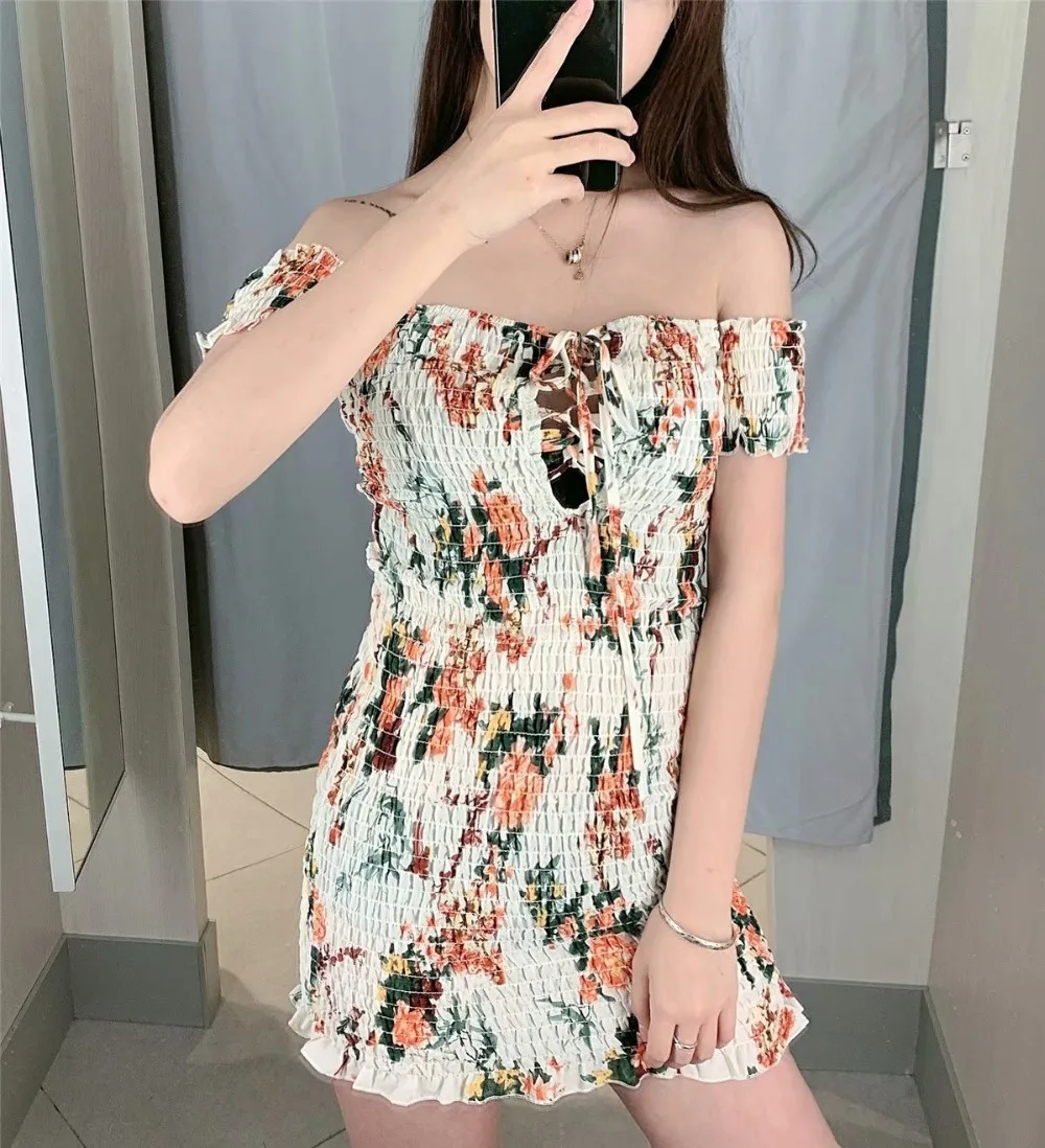 2019 женское сексуальное со спущенными плечами Плиссированное эластичное мини