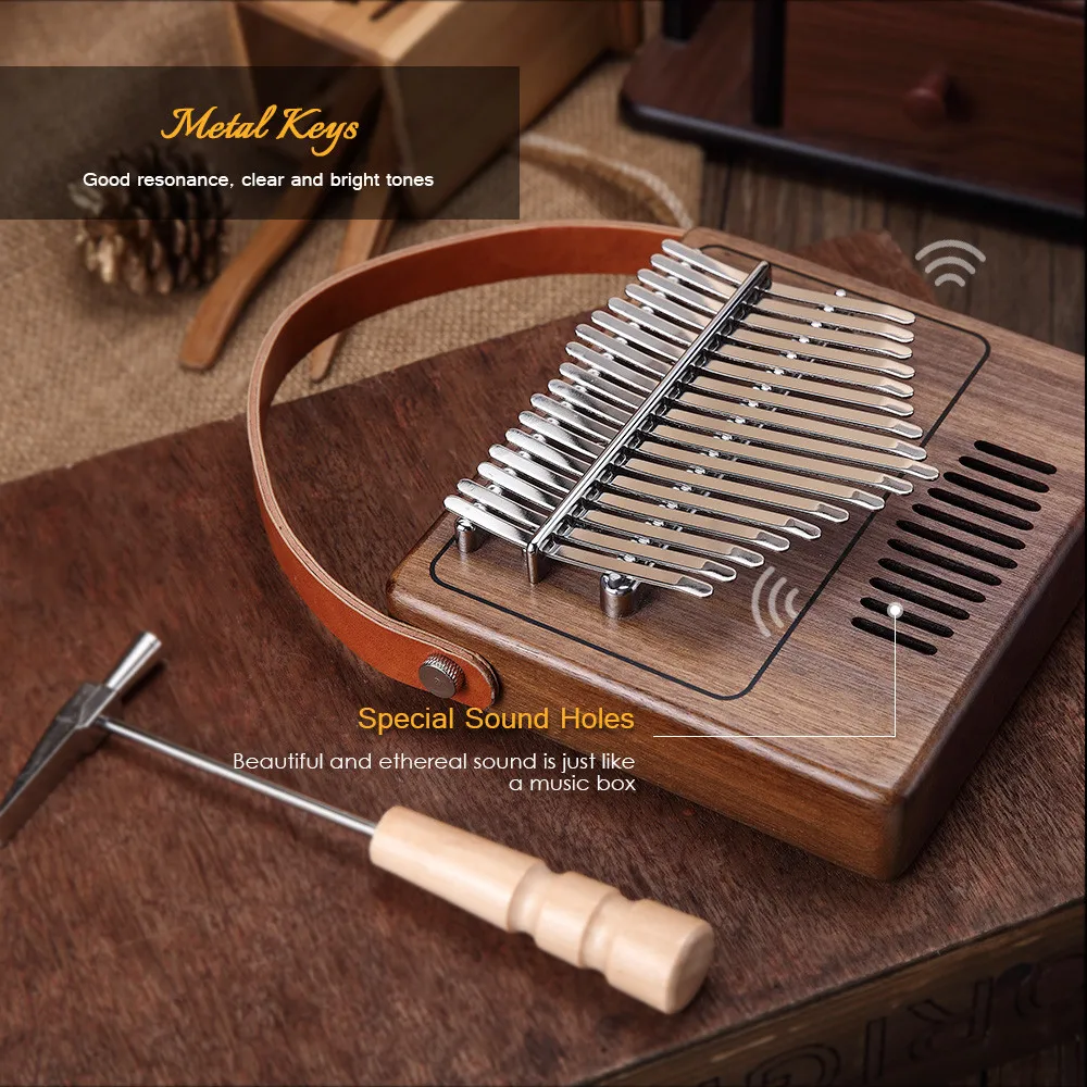 Tk-r1 17-Key Kalimba большой палец пианино орехового дерева музыкальный инструмент Специальный винтажный радио форма Волшебная Музыкальная шкатулка с кожаным ремешком