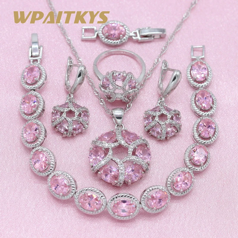 Round Pink Cubic Zirconia 925 Silver Jewelry Sets For Women Engagement Earrings Bracelet Pendant Necklace Ring WPAITKYS | Украшения и