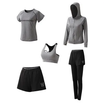 Light Gray 5pcs 5 шт., женские наборы для тренировок, набор для йоги, одежда для бега, женская одежда из полиэстера, женская одежда для фитнеса, женская спортивная одежда с бюстгальтером - Цвет: Light Gray 5pcs
