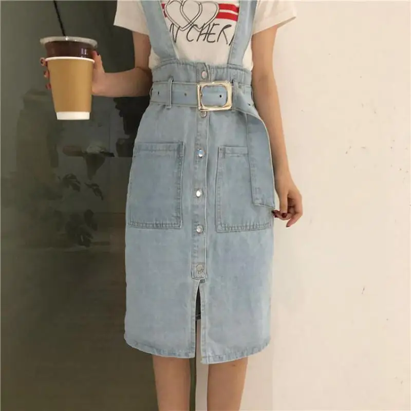 

2019 Summer New Arrival Fashion Single Breasted Jeans Skirt Double Pockets High Waist Strap Pencil Skirt With Belt Free Shippin