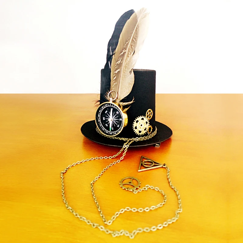 Retro Women Feather Hairclip Steampunk Mini Top Hat Lolita Cosplay Fedoras Hat Gothic Geer Compass Chain Head Wear Halloween Use