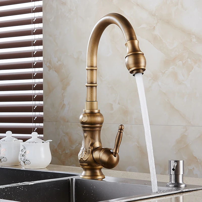 Kitchen Faucets Antique Brass Bronze Finish Water Taps Swivel Spout Vanity Sink Mixer Classic Tap Single Handle 1221F | Обустройство