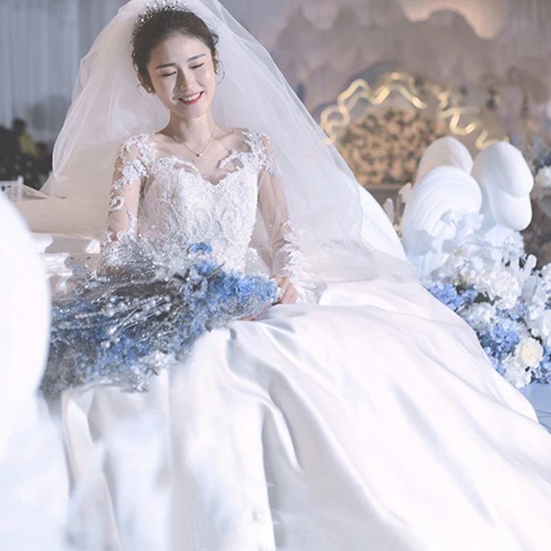 Vestidos de novia атласные свадебные платья с длинным рукавом свадебные платья белого размера плюс винтажное мусульманское свадебное платье принцессы