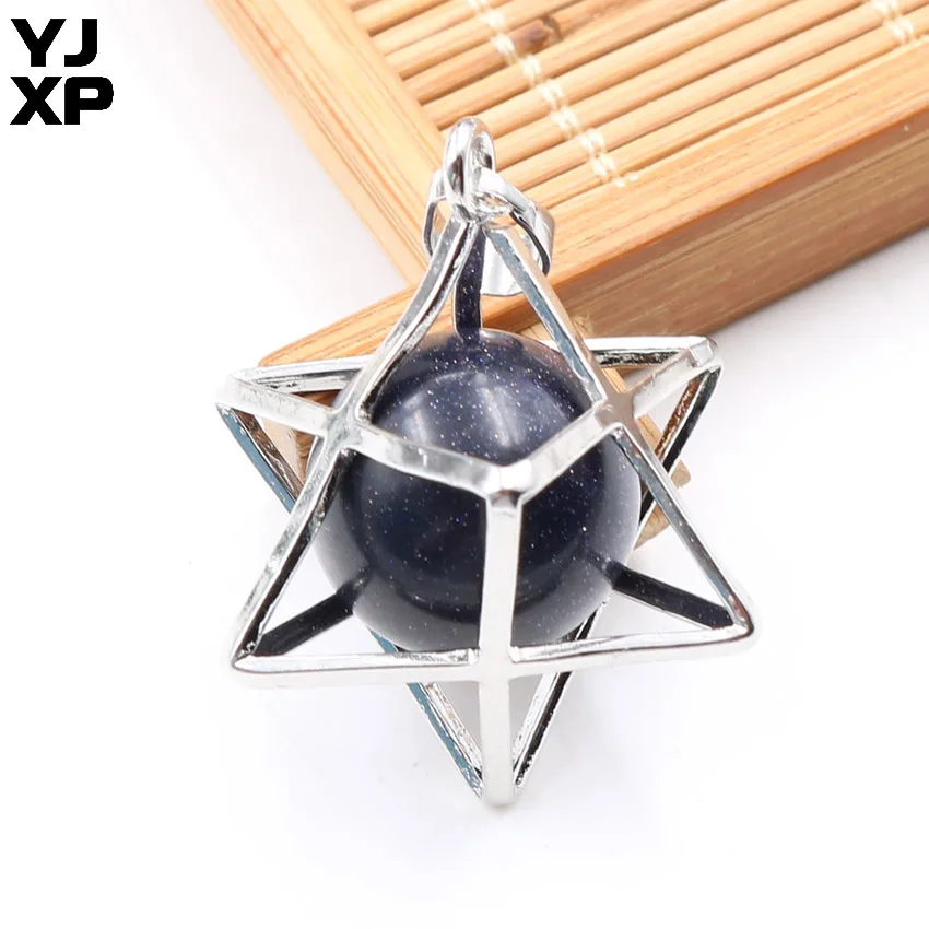 Blue Sand Stone 1 шт. Energy Merkaba кулон из натурального камня аметисты Розовый Кварц Круглые бусины рейки колье с целебным кулоном подвесные шармы Ювелирные украшения подарок - Окраска металла: Blue Sand Stone