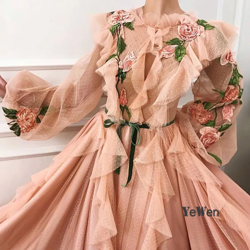 Дубай фонари с длинным рукавом Персик цветы вечерние платья дизайн