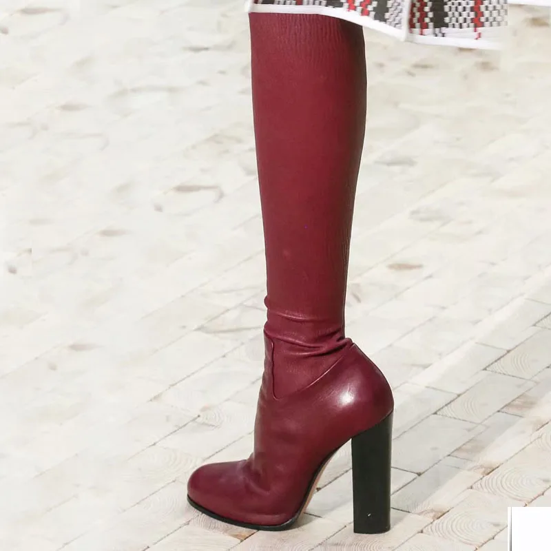 wine red Silla линейки; коллекция года; женские эластичные ботфорты из натуральной кожи; пикантные эластичные сапоги с круглым носком на высоком каблуке - Цвет: wine red
