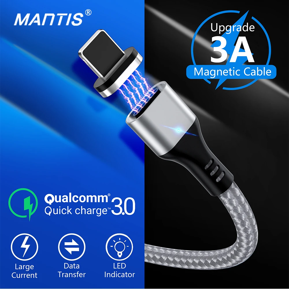 Магнитный кабель MANTIS 3A для iPhone Xs Max Xr X 8 7 6 6s 5 5S Se Ipad Mini USB кабель Быстрая зарядка 3,0 провод для быстрого заряда шнур