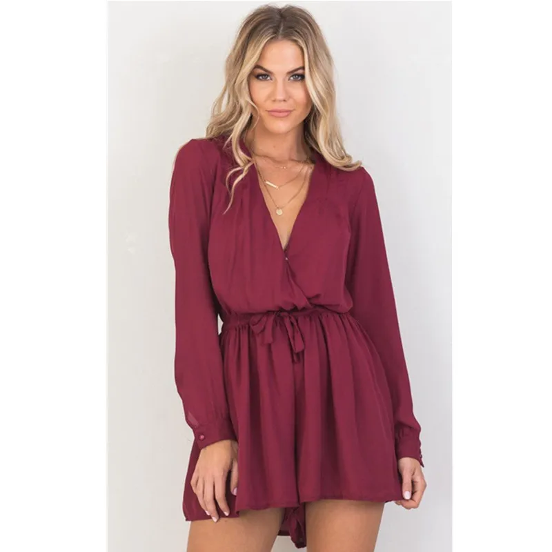 2017 Женский шифоновый комбинезон Короткий женский на груди с длинным рукавом