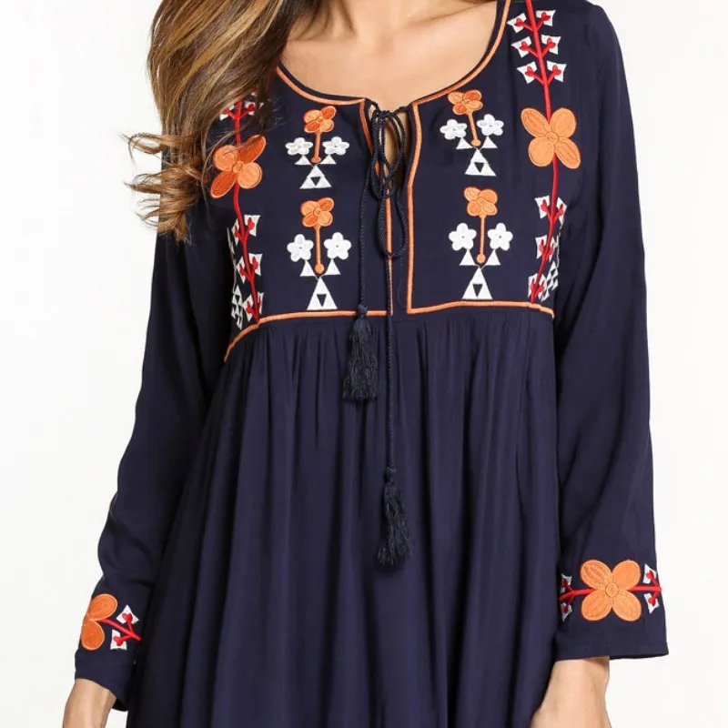 Muslim Women Autumn Dress Middle East Embroidered Ethnic Style Vintage Elegant Large Size Clothing Long Sleeve Maxi Casual | Женская