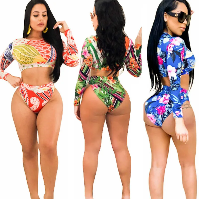 

2019 New Arrival Lady Long Sleeve Beachwear push up woman high waist Swimwear two pieces printed female swimsuit Hot Sale