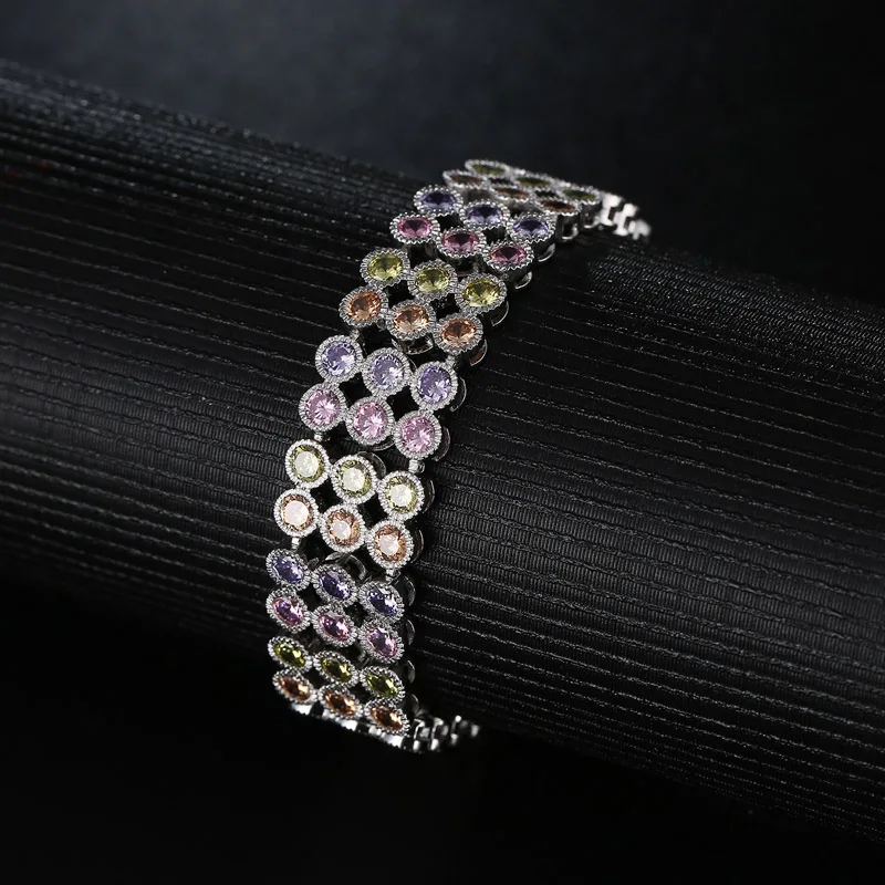 ZuanLiFang Fashion Bracelet High Quality Round Multicolor Cubic Zirconia Wide for Women Three Row CZ Stone Bangle | Украшения и