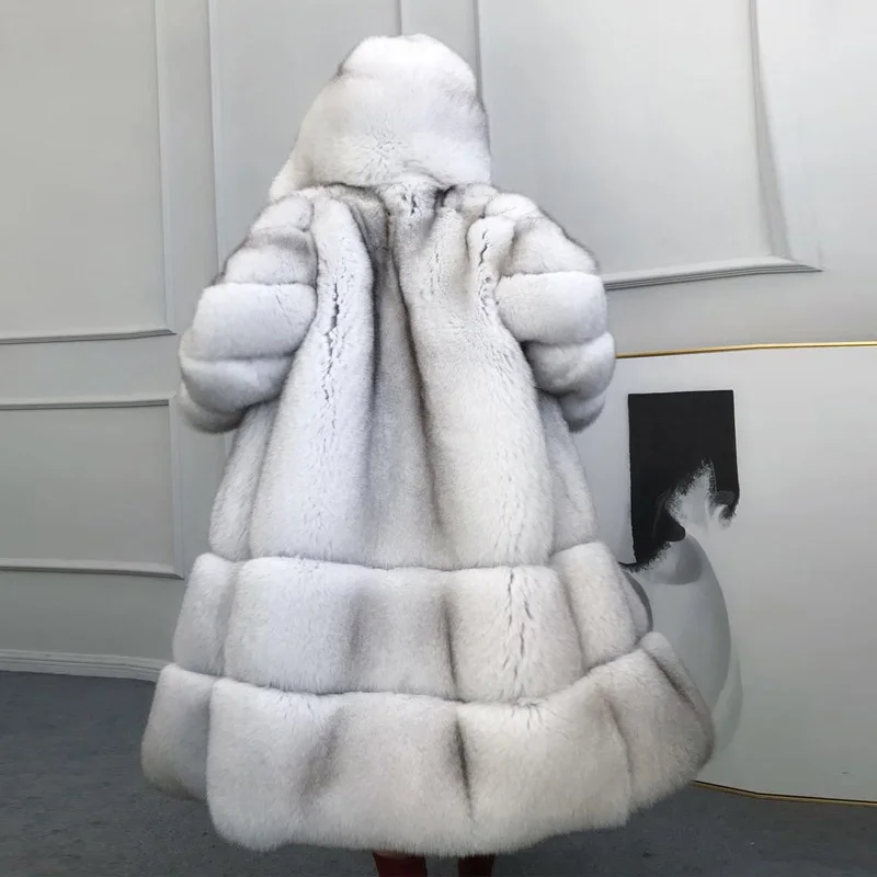 nature white Новое зимнее натуральное меховое пальто для женщин, роскошная Толстая теплая куртка из лисьего меха с капюшоном 100 см, длинное модное пальто из лисьего меха FC-192 - Цвет: nature white