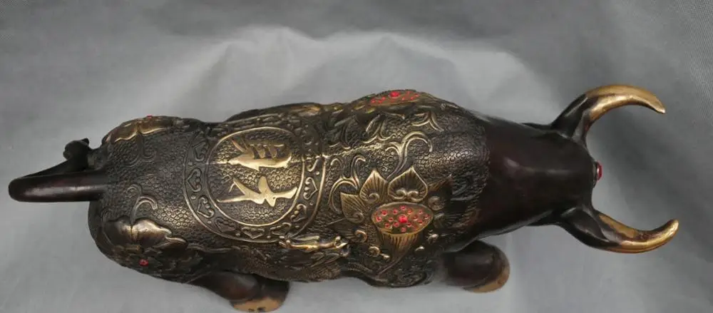 22 &quotКитайский Бронзовый Фэншуй Зодиак Бык Вырезать Лотоса Дракон Kylin Статуя