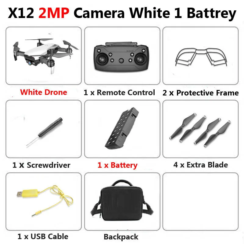 2MP White 1B Bag X12 WiFi FPV Mini Foldable Drone Camera 0.3MP 2MP HD Optical Flow Aerial Video Profissional RC Quadcopter Helicopter Toys SG106 - Цвет: 2MP White 1B Bag