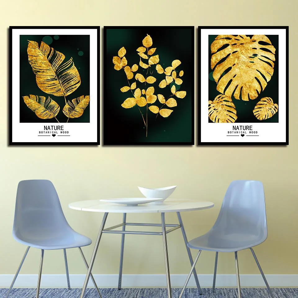 Настенное художественное растение лист золотой постер скандинавский принт
