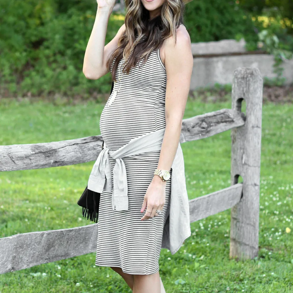 Модные платья для беременных платье без рукавов в полоску с o образным вырезом