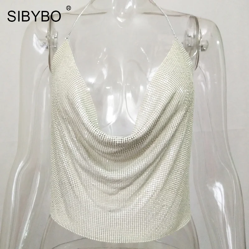 Sibybo, сексуальные женские топы с металлической отделкой,, с открытой спиной, топы с бюстгальтером без косточек, летние, пляжные, вечерние, Клубные, женские, с блестками, Обрезанные, майка, камзол