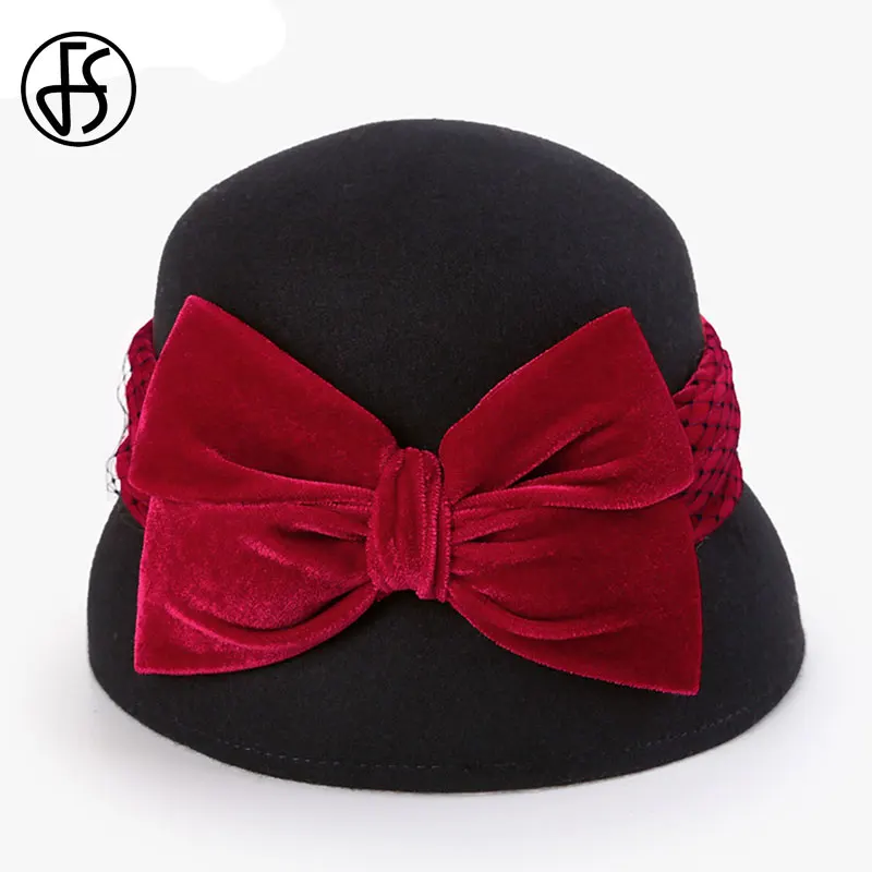 Black Wool Fedora FS шерстяная фетровая черная шляпа с широкими полями, фетровые шляпы, женские элегантные флоппи-шляпки для церкви, зима-осень, большой бант, Кепка-котелок - Цвет: Black Wool Fedora